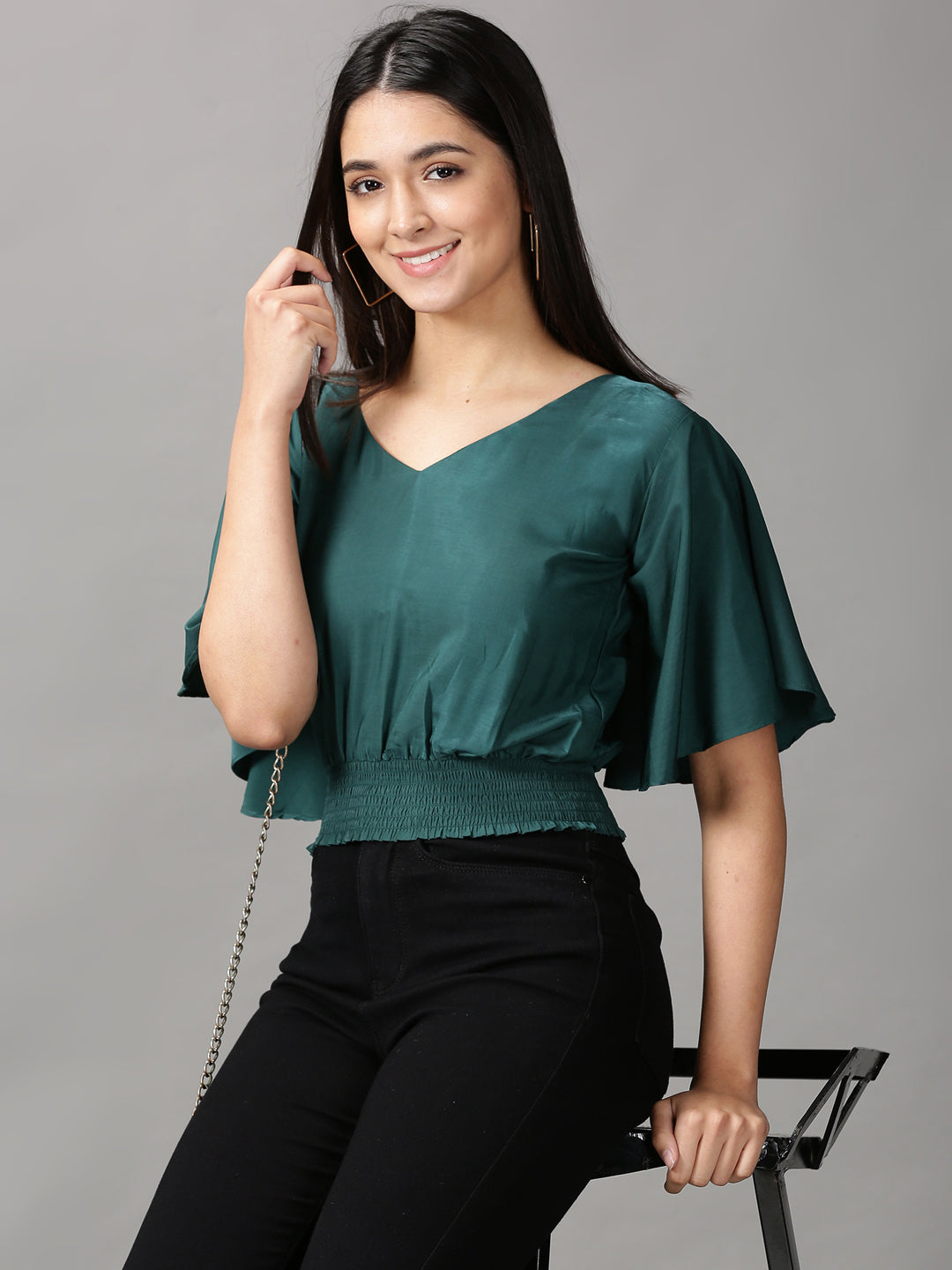 Women's Green Solid Cinched Waist Crop Top