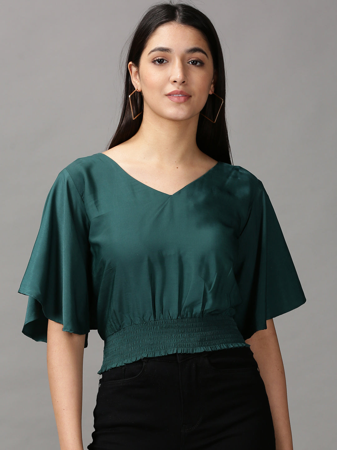 Women's Green Solid Cinched Waist Crop Top