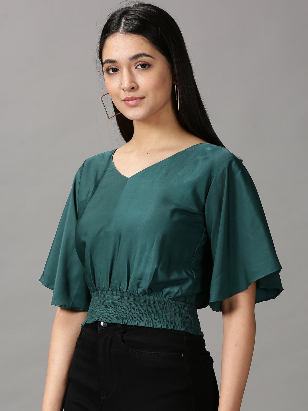 Women's Green Solid Cinched Waist Crop Top