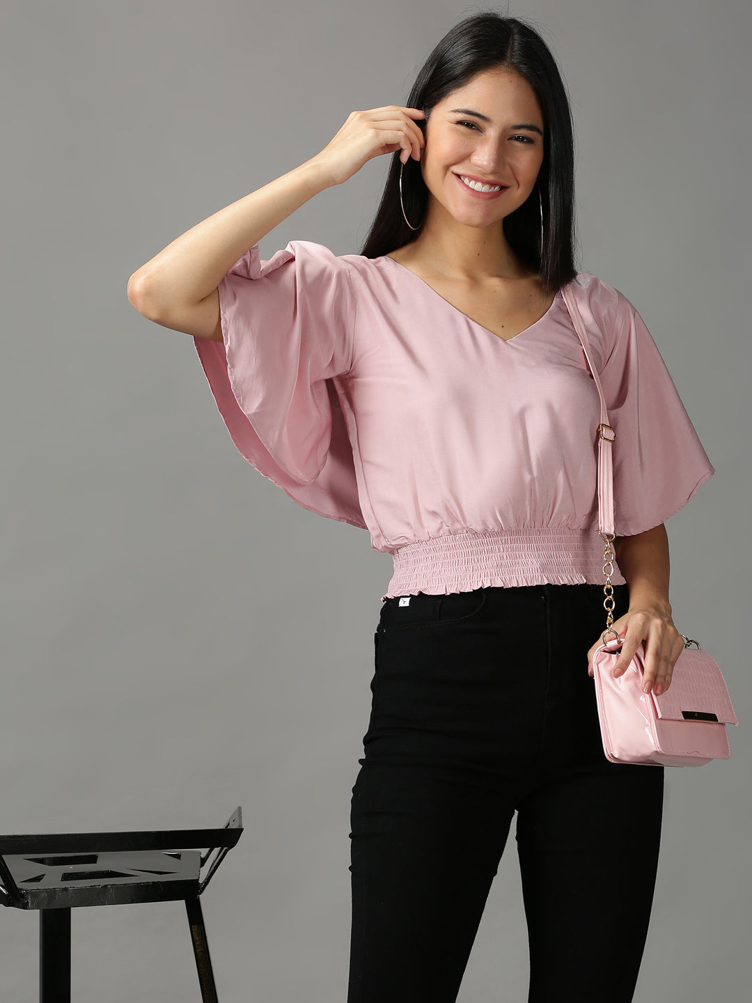 Women's Pink Solid Cinched Waist Crop Top