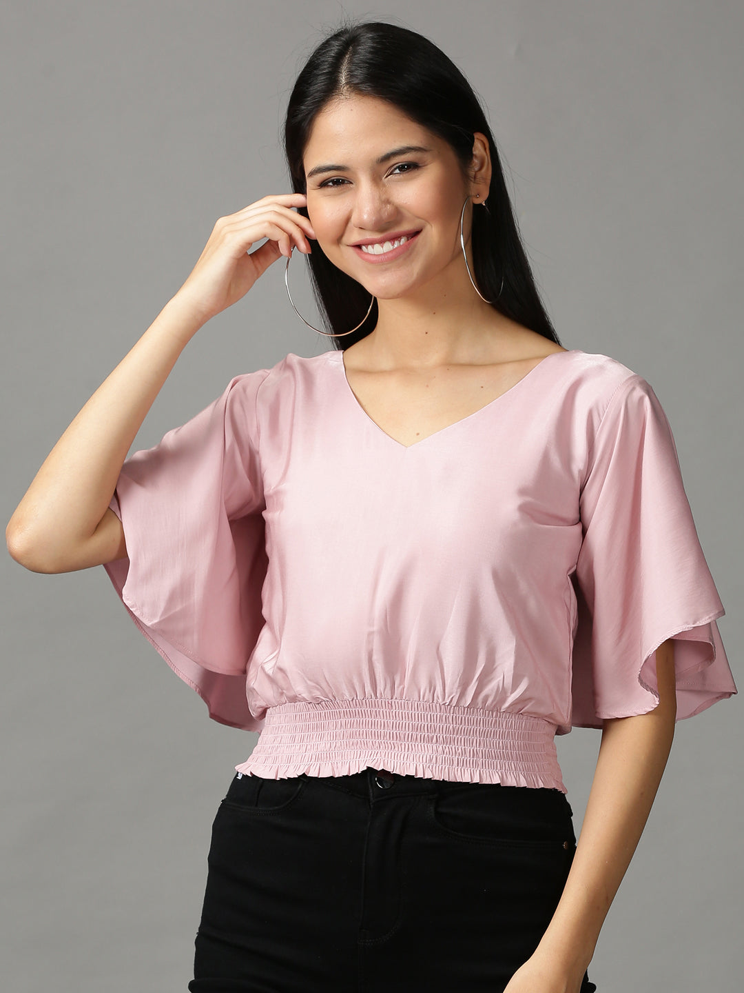 Women's Pink Solid Cinched Waist Crop Top