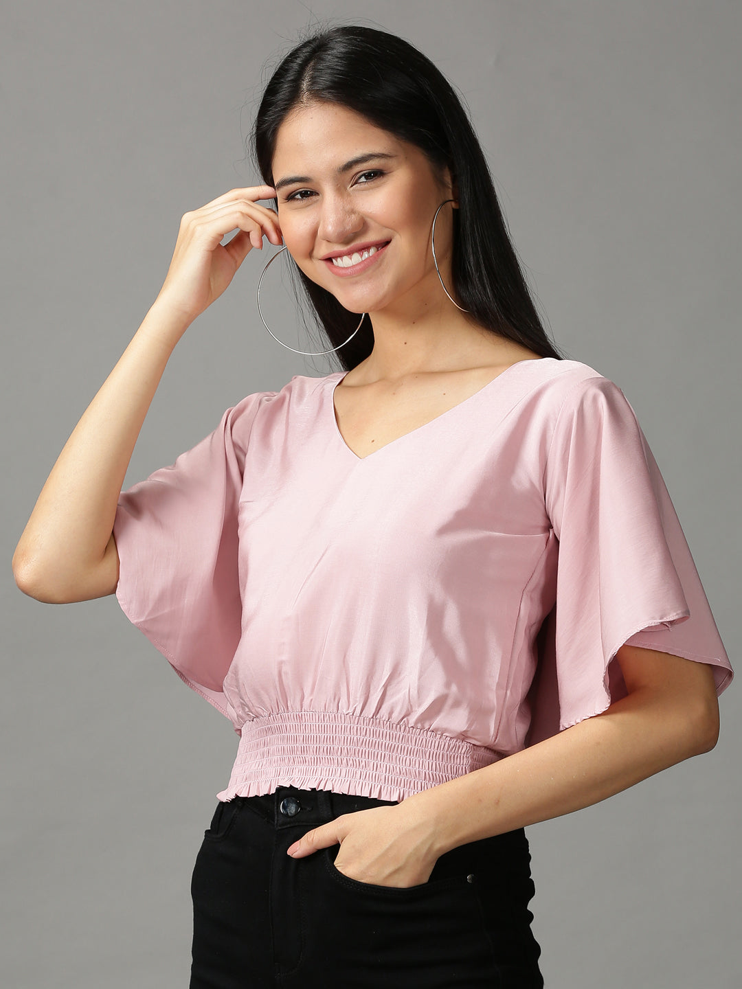 Women's Pink Solid Cinched Waist Crop Top