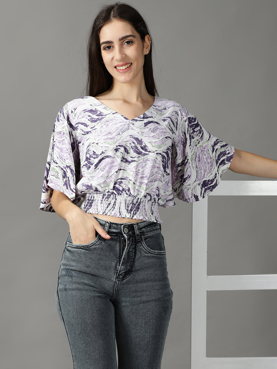 Women's Purple Printed Cinched Waist Crop Top