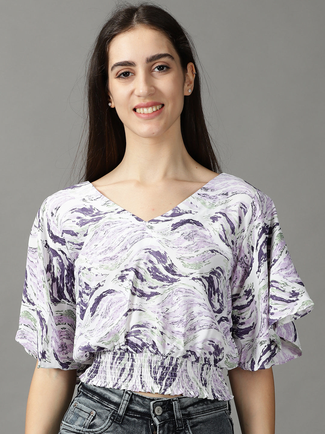 Women's Purple Printed Cinched Waist Crop Top