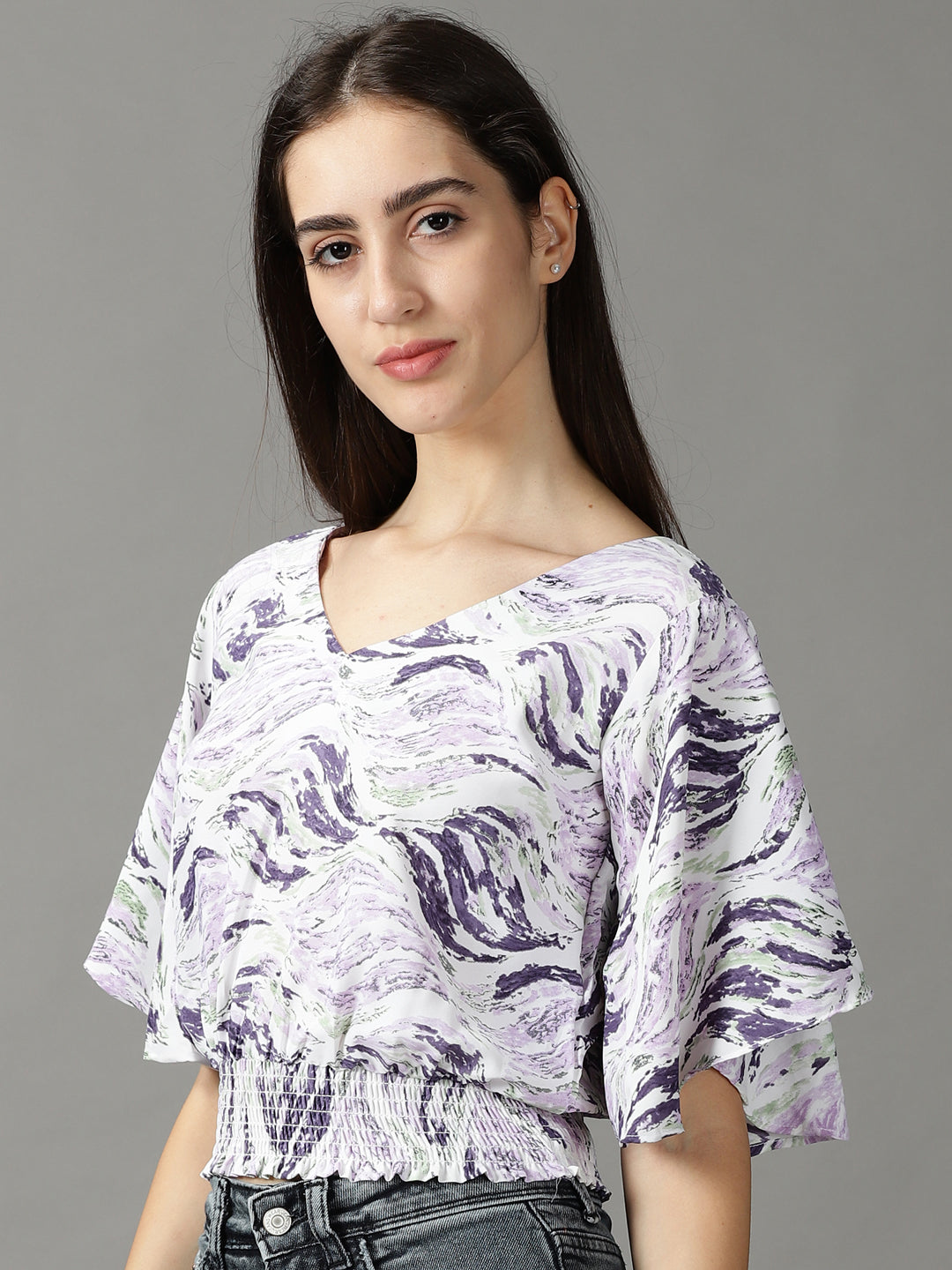 Women's Purple Printed Cinched Waist Crop Top