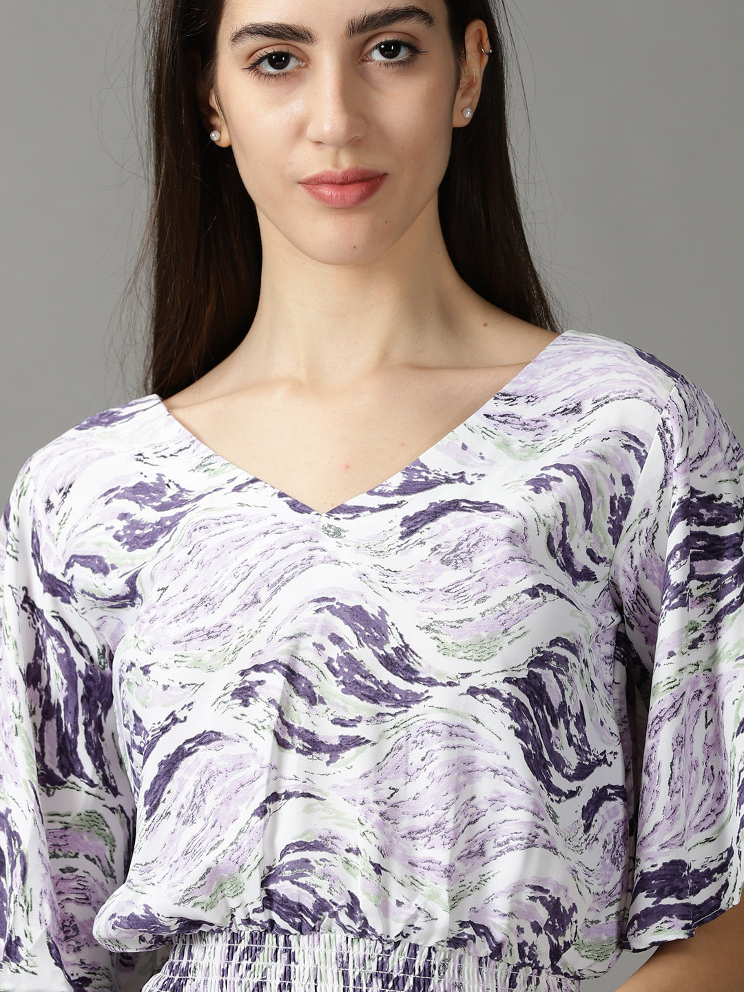 Women's Purple Printed Cinched Waist Crop Top