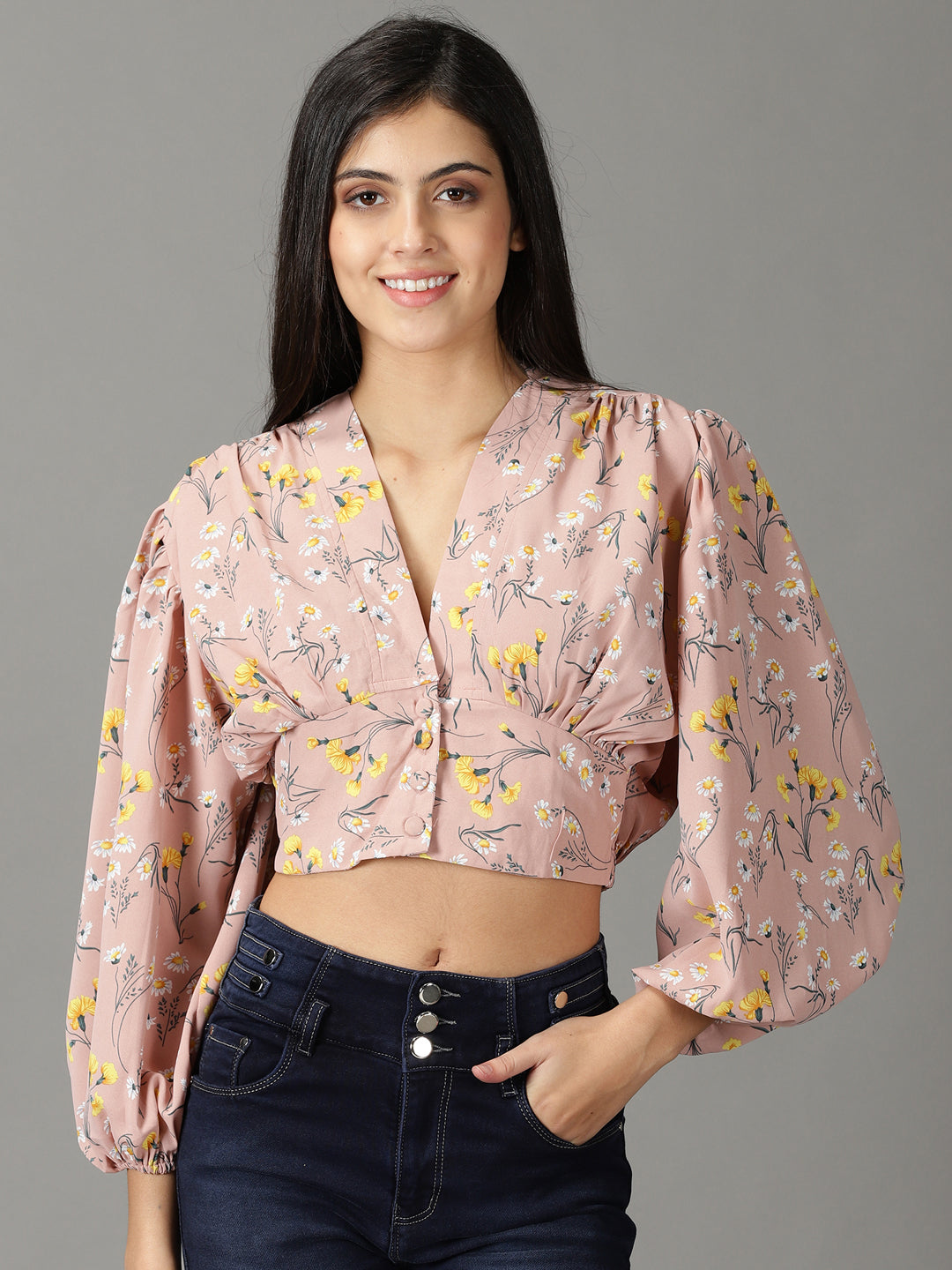 Women's Mauve Printed Cinched Waist Top