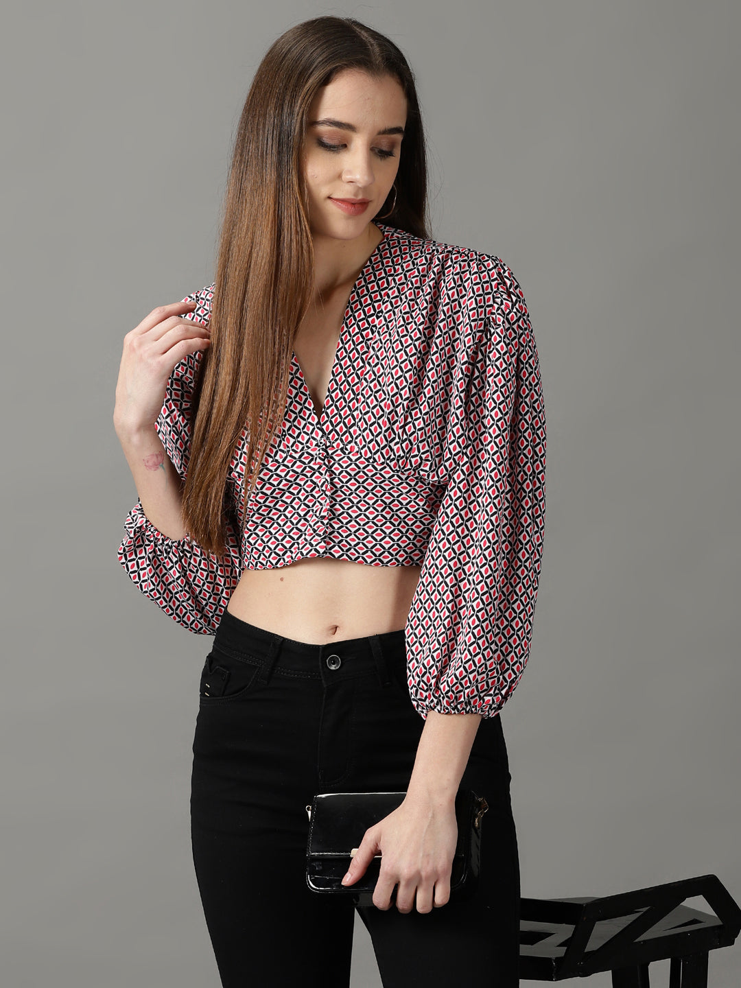 Women's Black Printed Cinched Waist Top