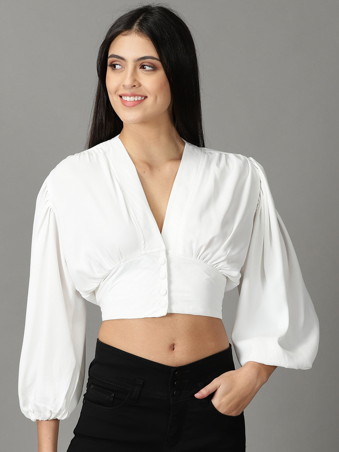 Women's White Solid Cinched Waist Top