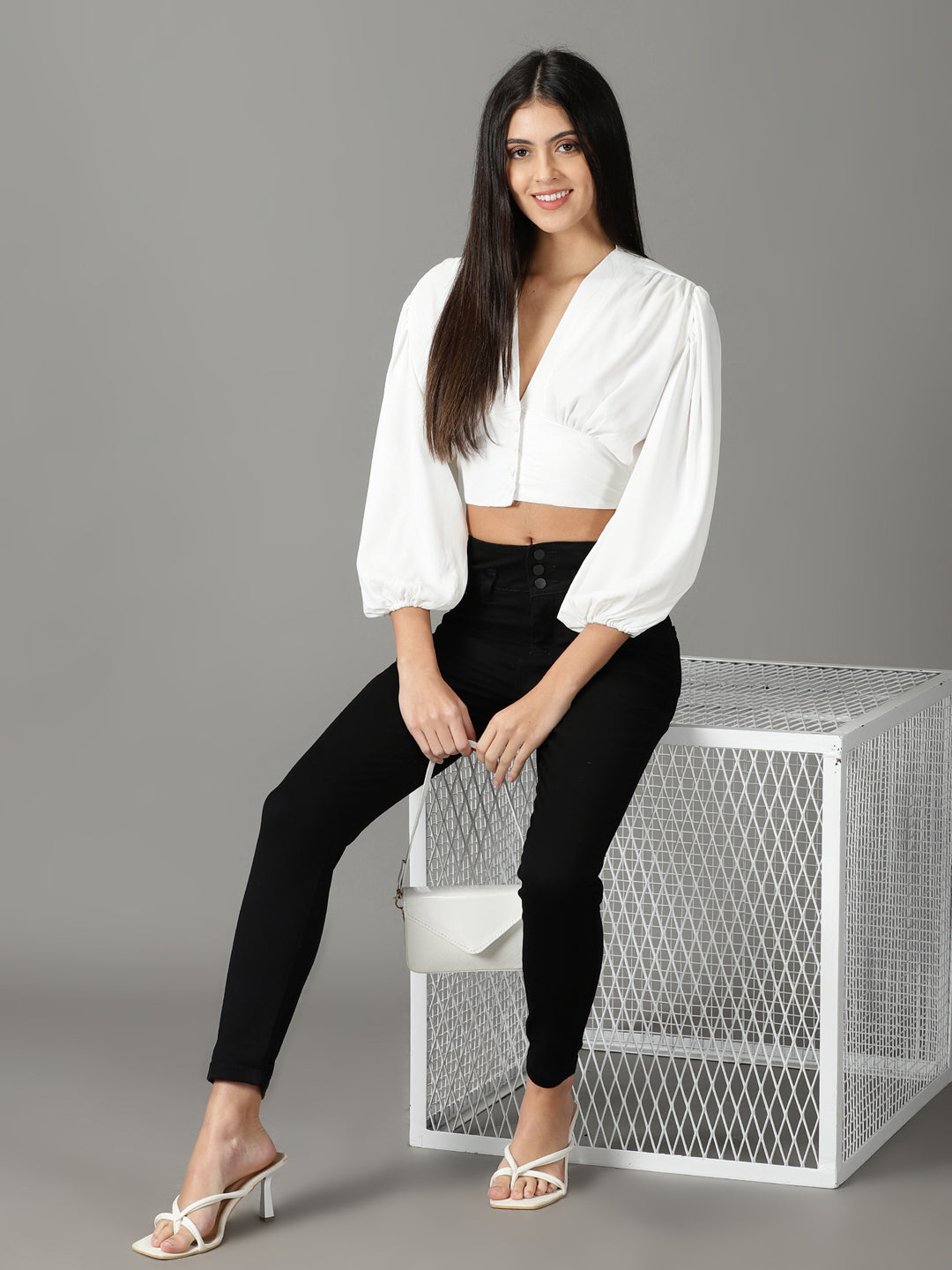 Women's White Solid Cinched Waist Top