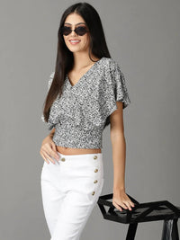 Women's Black Print Extended Sleeves Crop Top