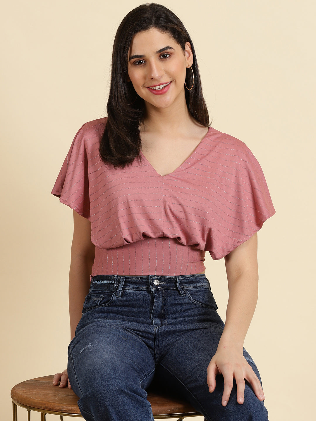 Women's Mauve Striped Blouson Crop Top