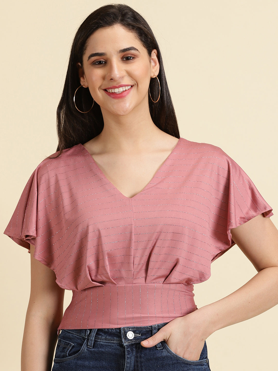 Women's Mauve Striped Blouson Crop Top