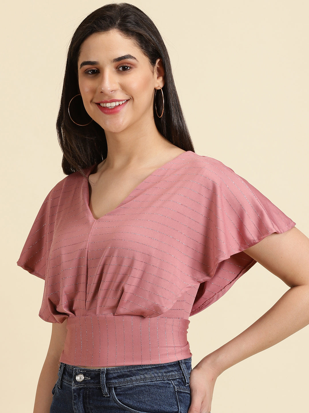 Women's Mauve Striped Blouson Crop Top