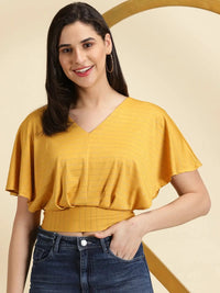 Women's Mustard Striped V-Neck Extended Sleeves Blouson Crop Top