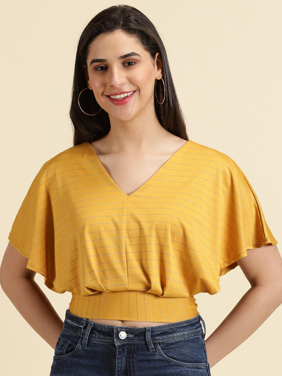 Women's Mustard Striped Blouson Crop Top