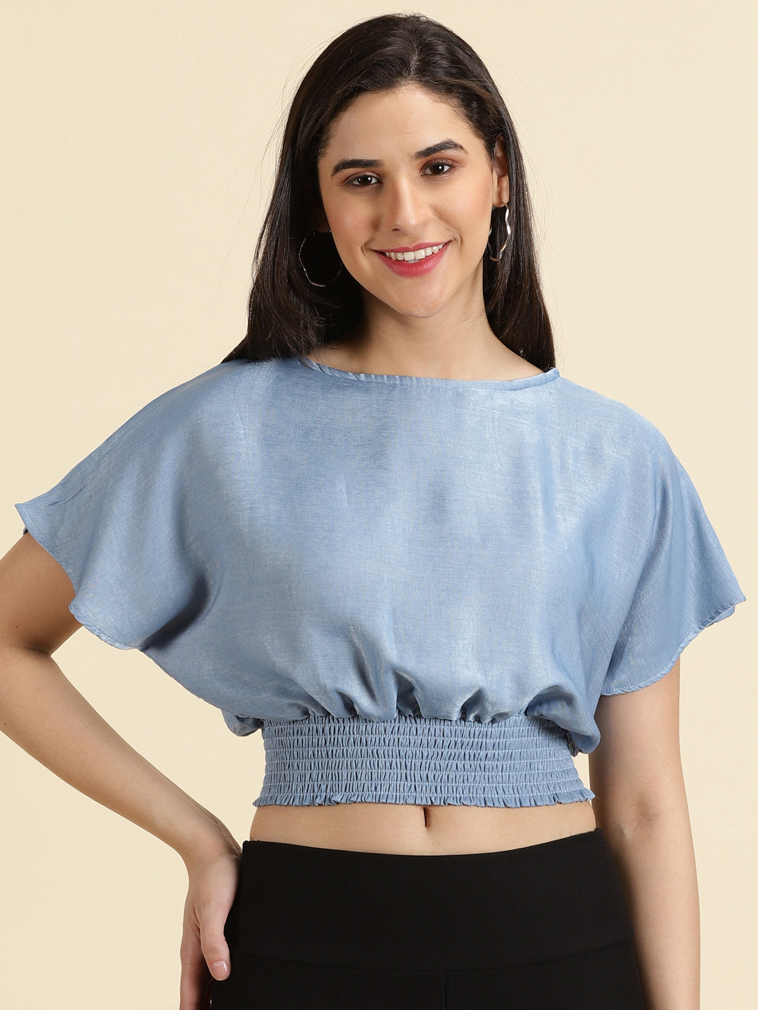 Women's Blue Solid Cinched Waist Crop Top