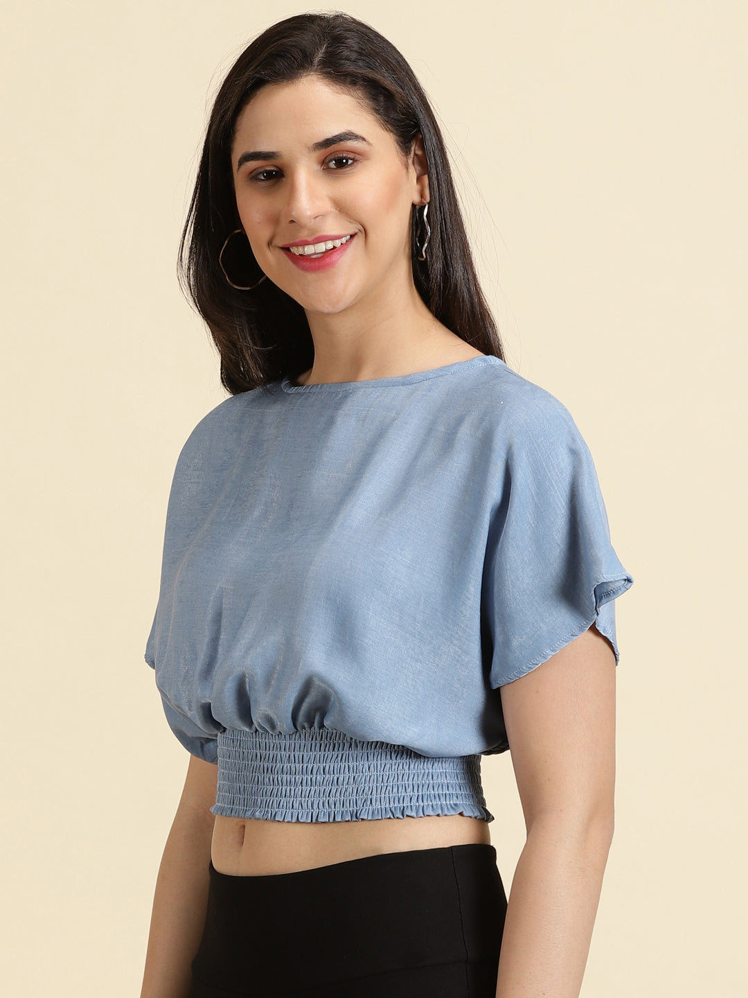 Women's Blue Solid Cinched Waist Crop Top