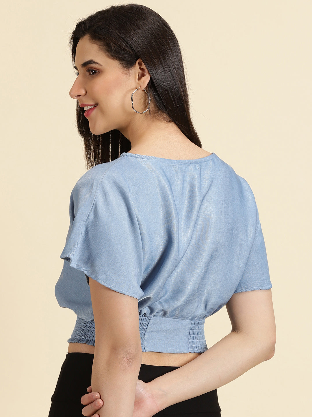 Women's Blue Solid Cinched Waist Crop Top