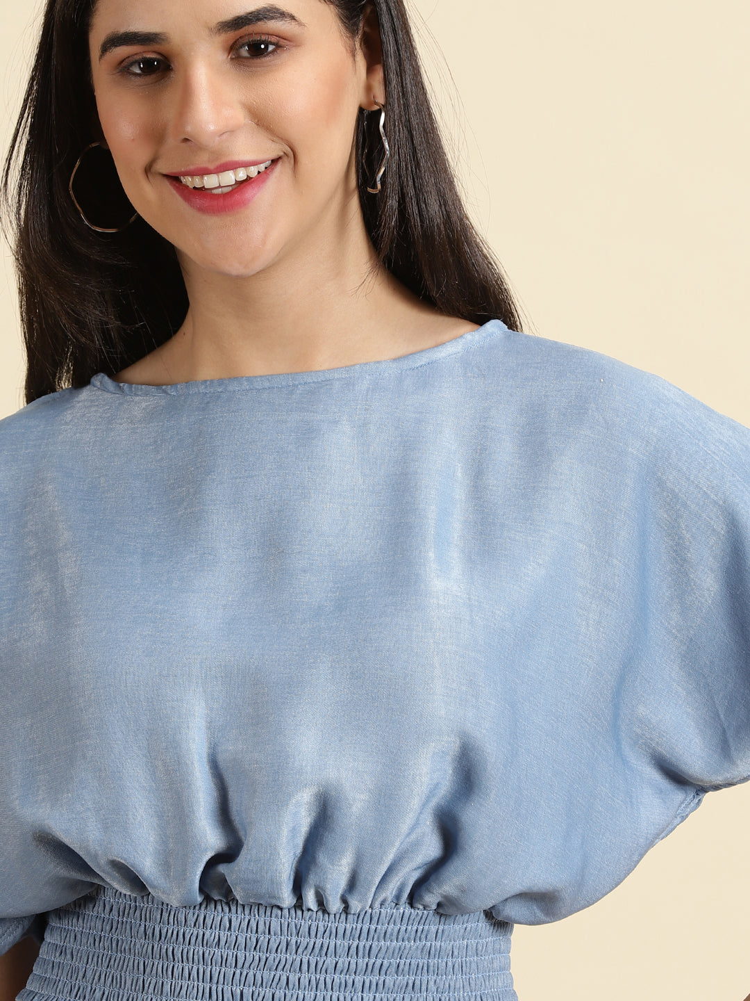 Women's Blue Solid Cinched Waist Crop Top