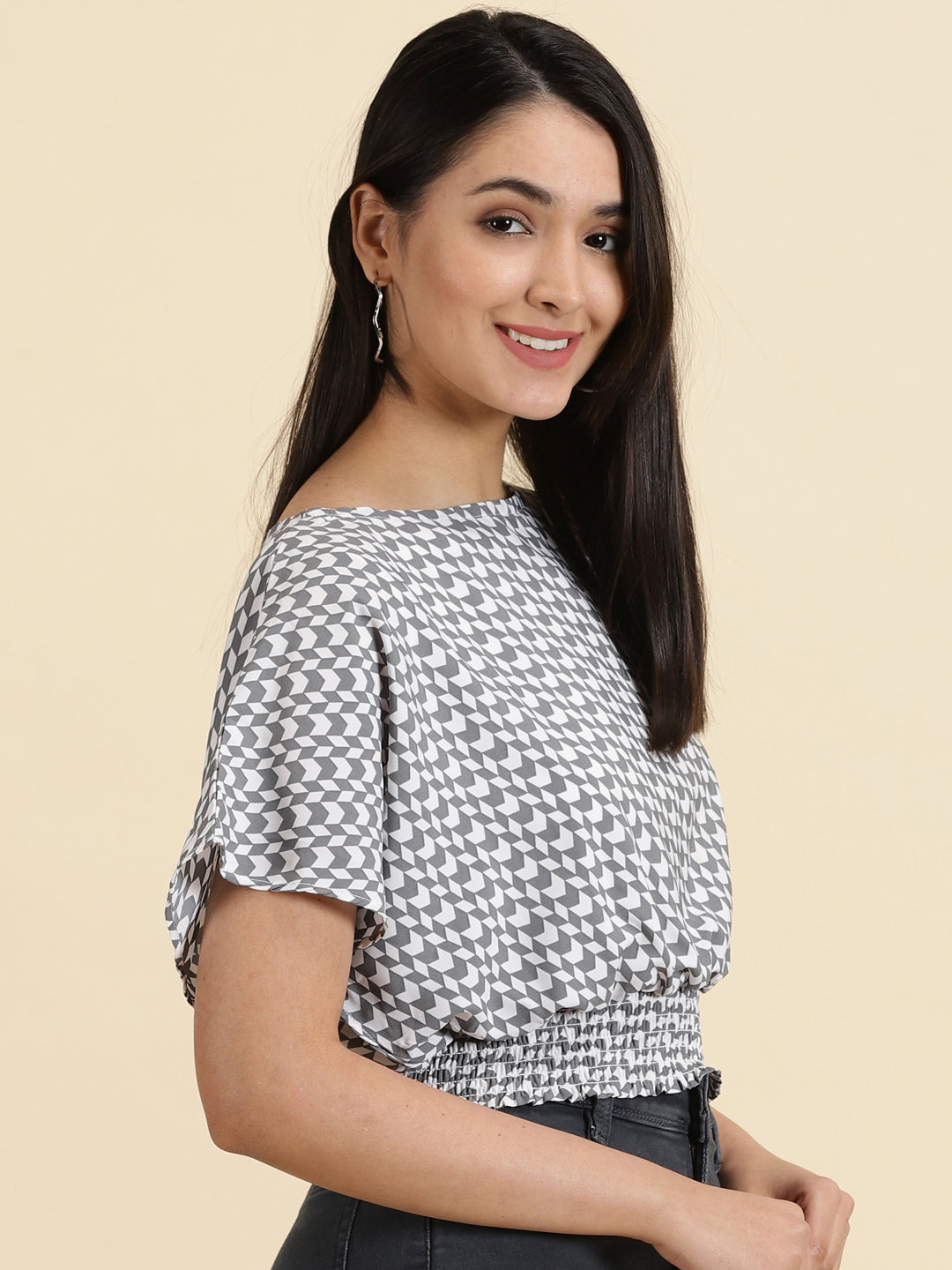 Women's White Printed Cinched Waist Crop Top