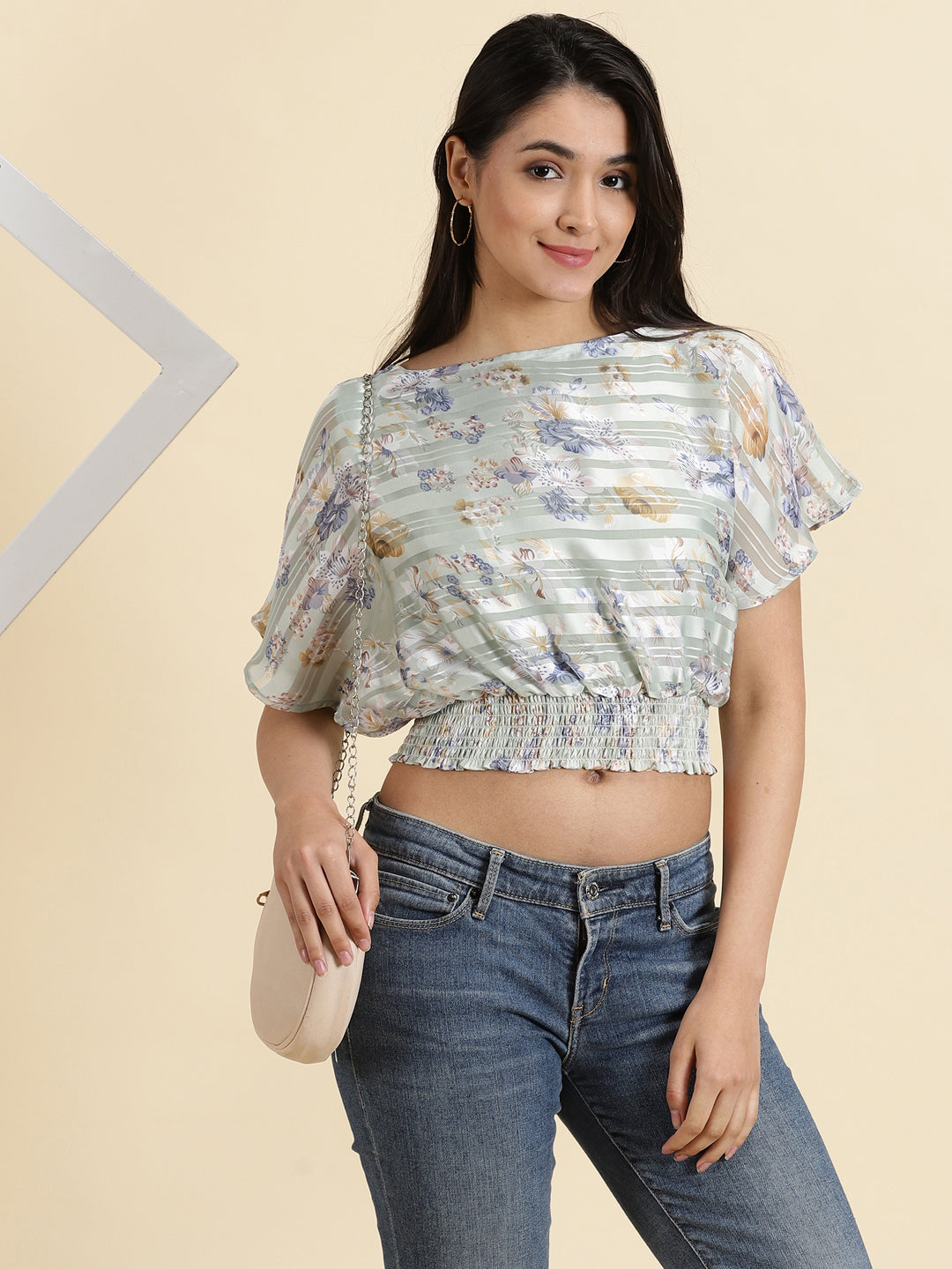 Women's Sea Green Printed Cinched Waist Crop Top