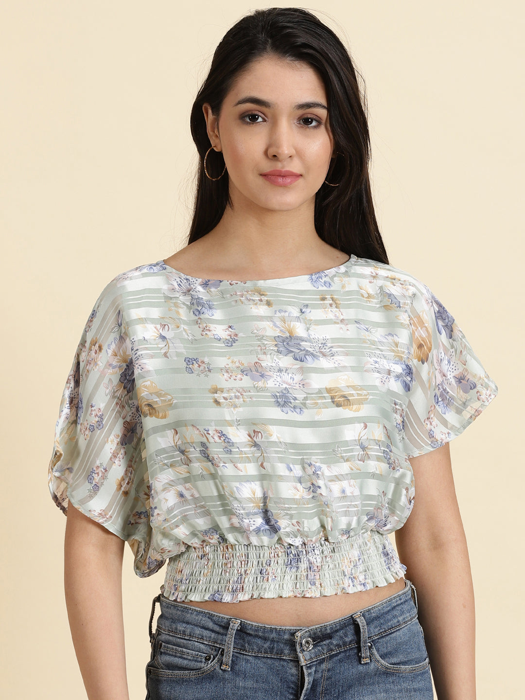 Women's Sea Green Printed Cinched Waist Crop Top