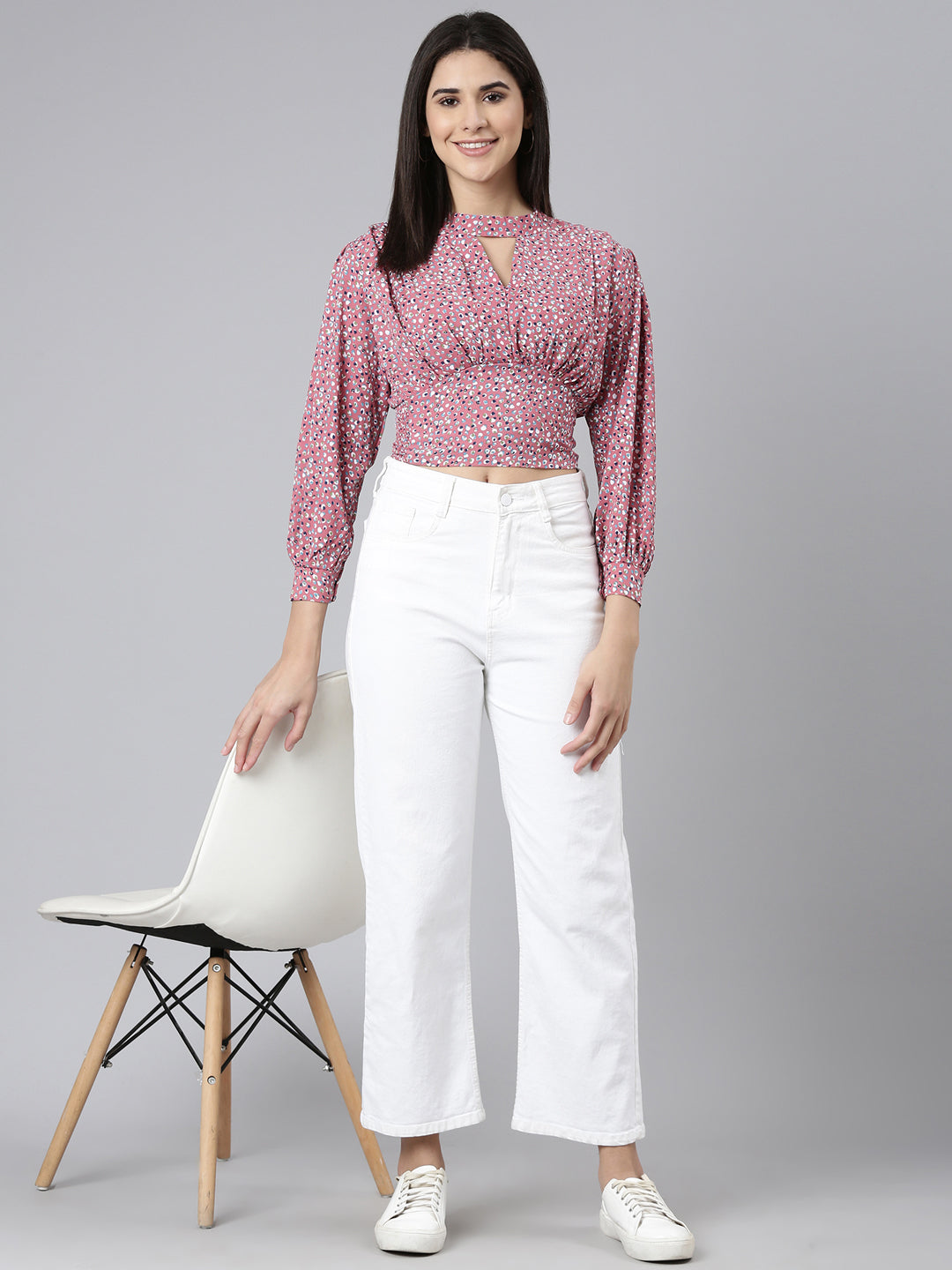 Keyhole Neck Cuffed Sleeves Abstract Cinched Waist Mauve Crop Top