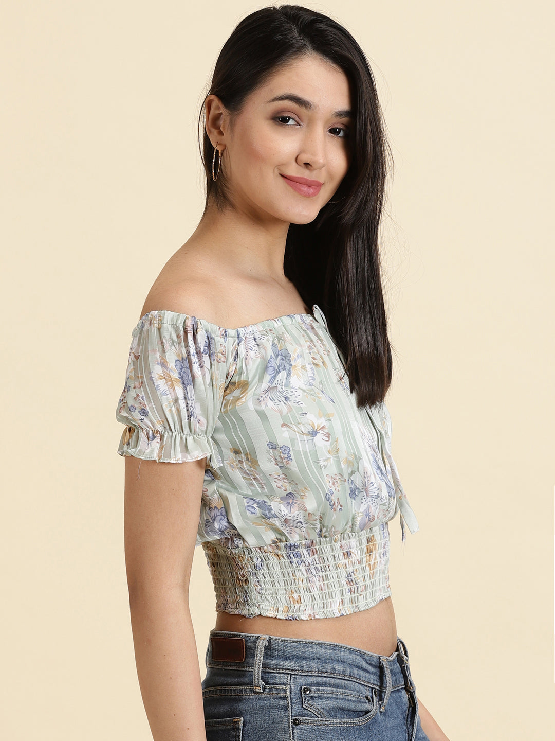 Women's Sea Green Printed Cinched Waist Crop Top