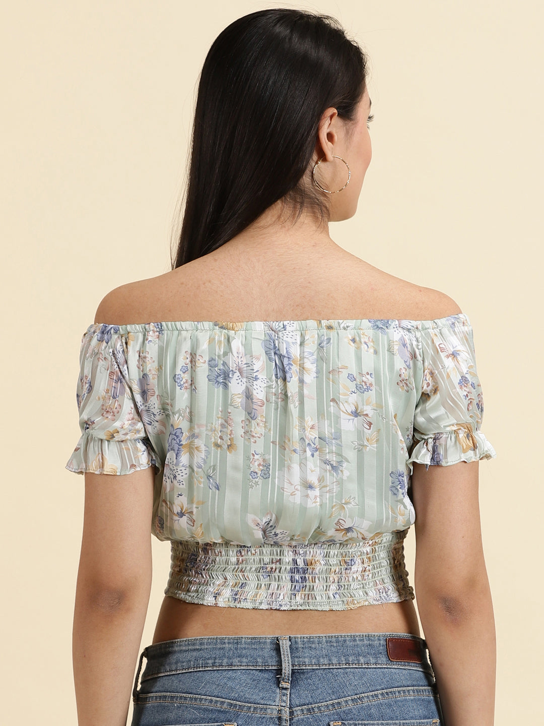 Women's Sea Green Printed Cinched Waist Crop Top