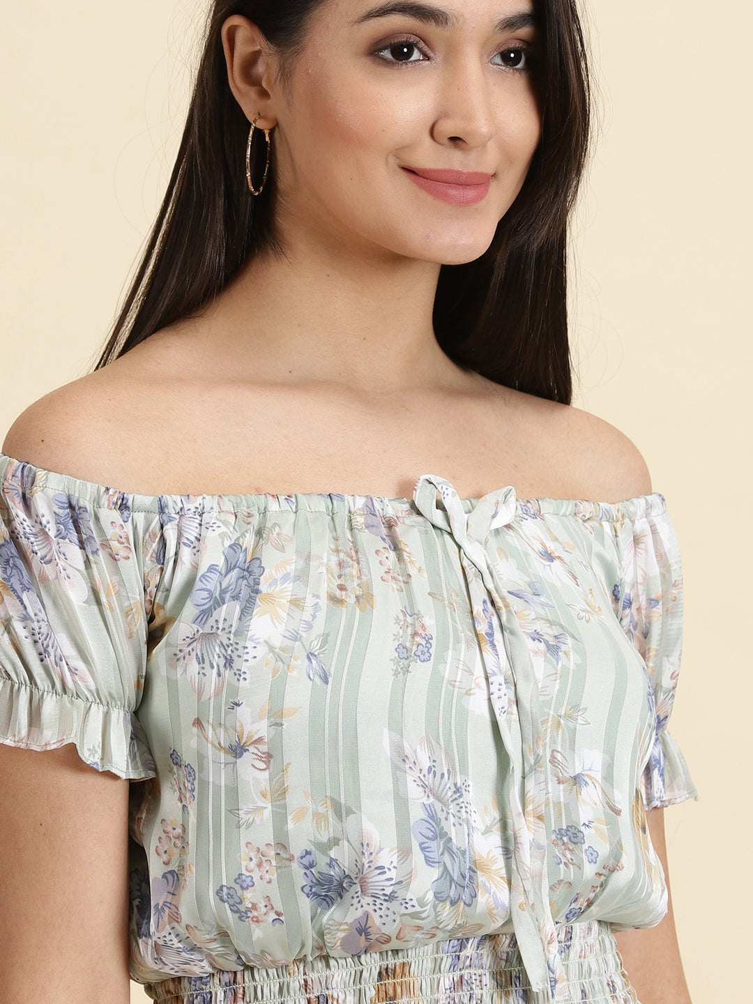 Women's Sea Green Printed Cinched Waist Crop Top