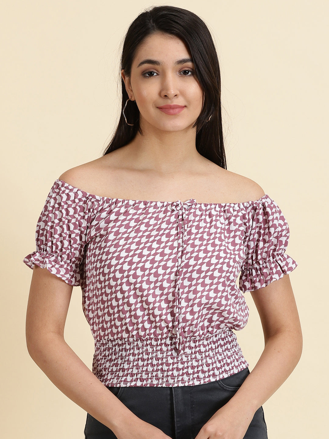 Women's White Printed Cinched Waist Top