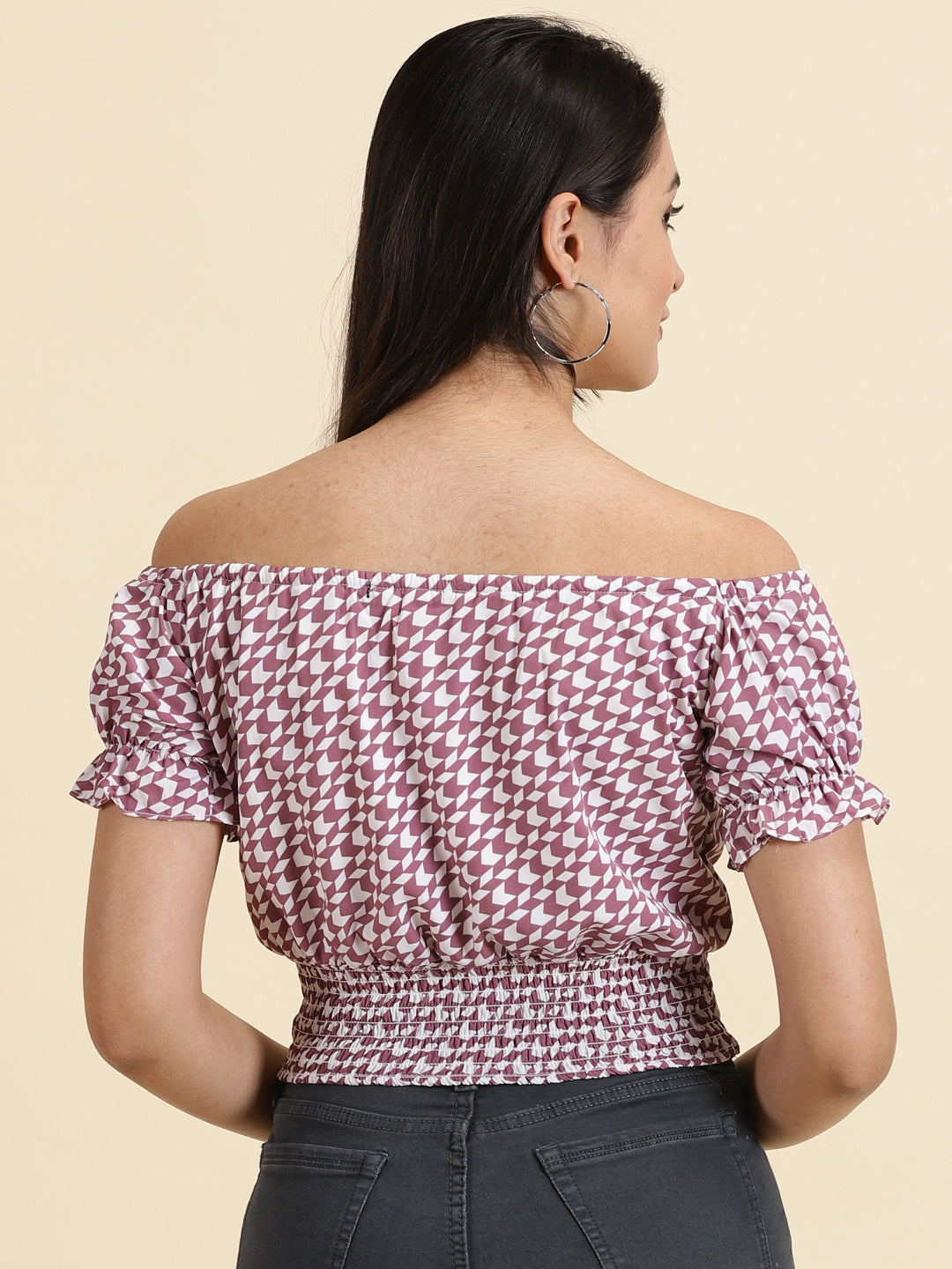 Women's White Printed Cinched Waist Top