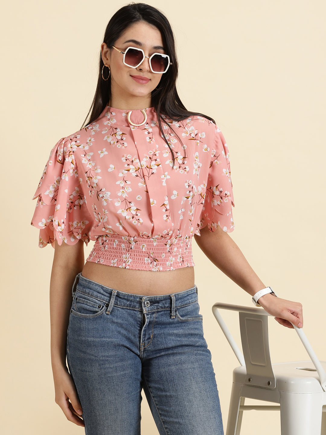 Women's Peach Printed Cinched Waist Crop Top