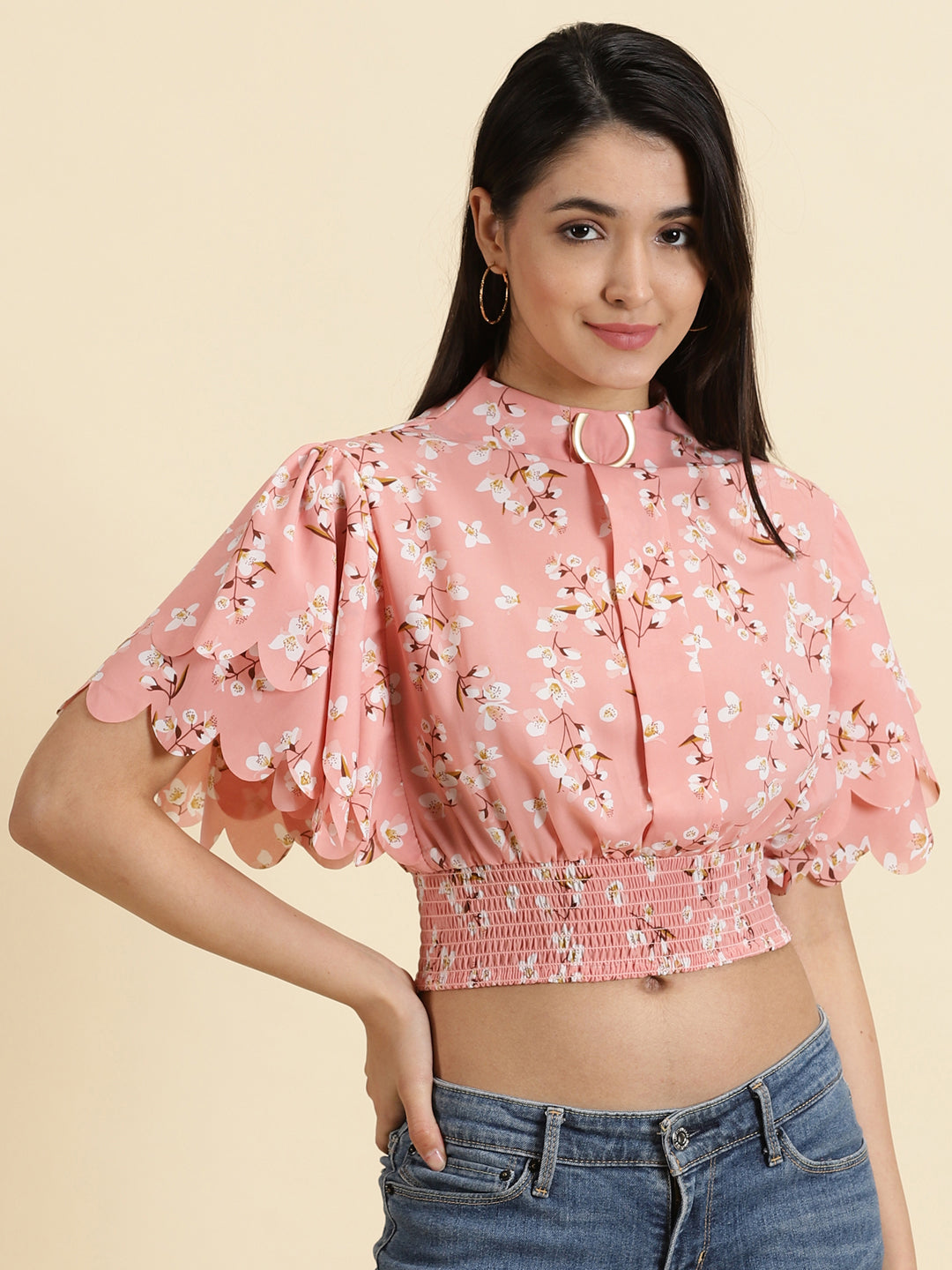 Women's Peach Printed Cinched Waist Crop Top