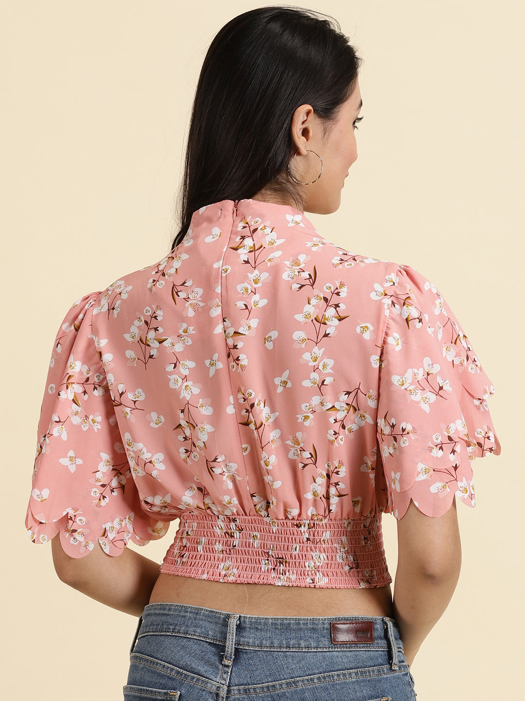 Women's Peach Printed Cinched Waist Crop Top