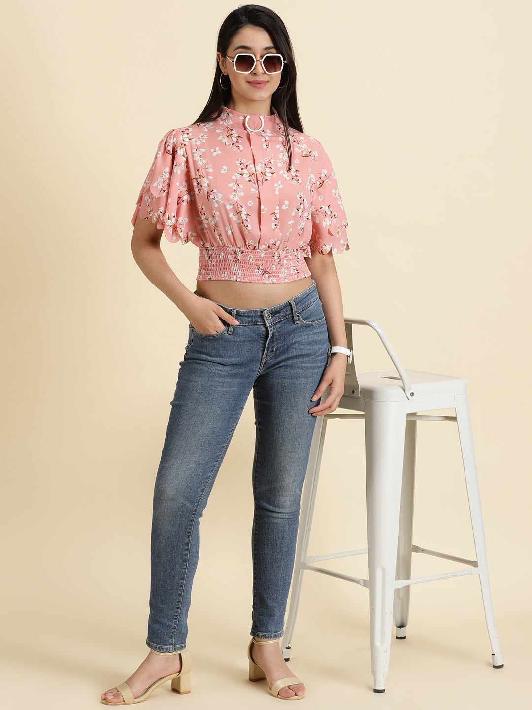 Women's Peach Printed Cinched Waist Crop Top