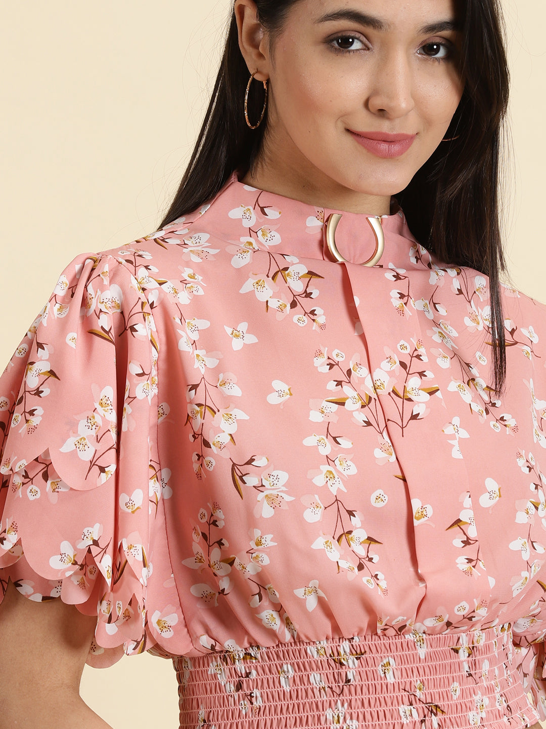 Women's Peach Printed Cinched Waist Crop Top