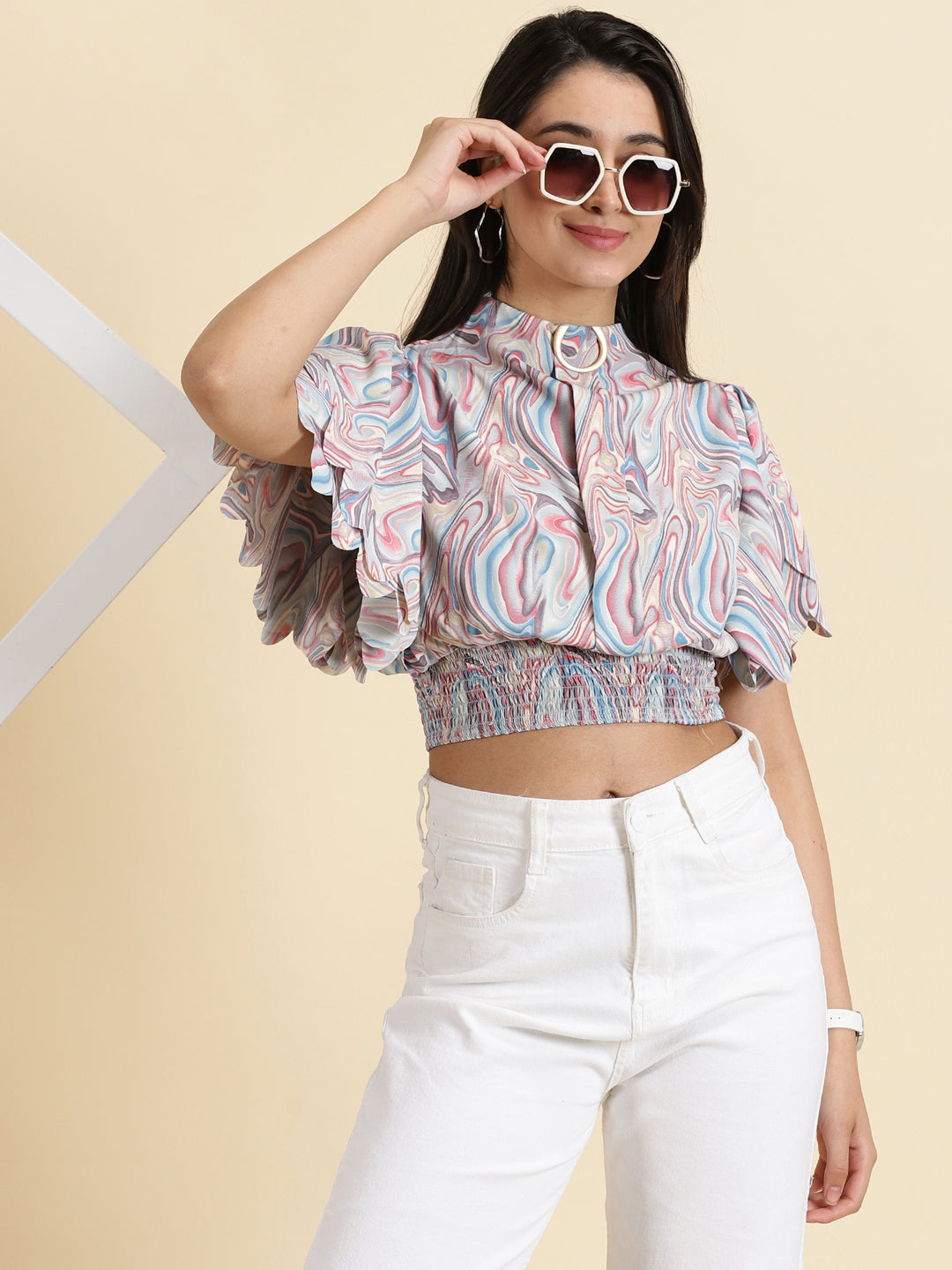 Women's Multi Printed Cinched Waist Crop Top