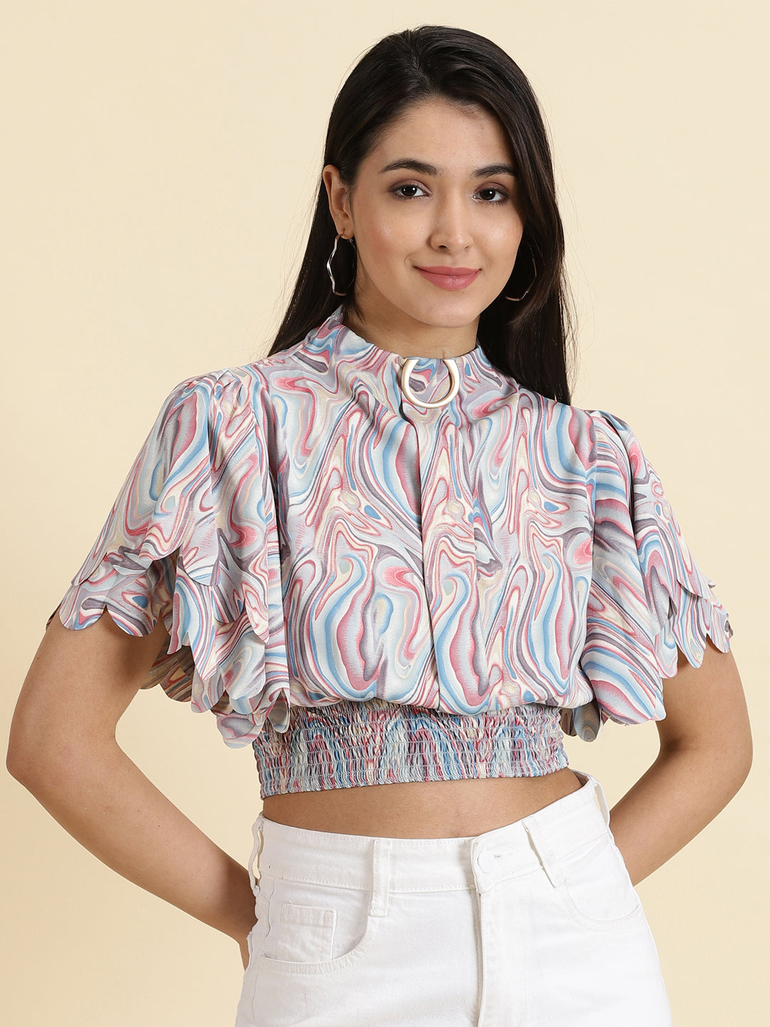 Women's Multi Printed Cinched Waist Crop Top