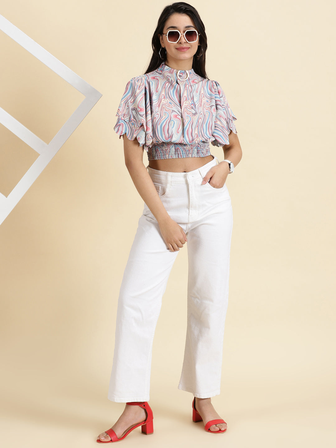 Women's Multi Printed Cinched Waist Crop Top