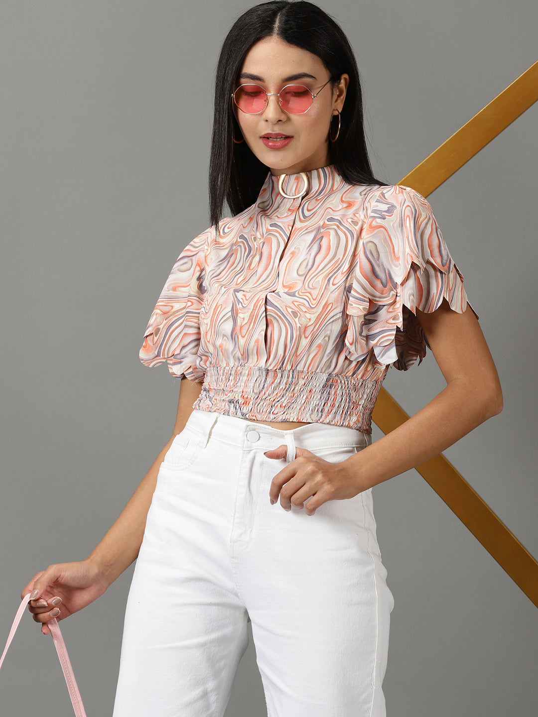 Women's Peach Printed Cinched Waist Crop Top