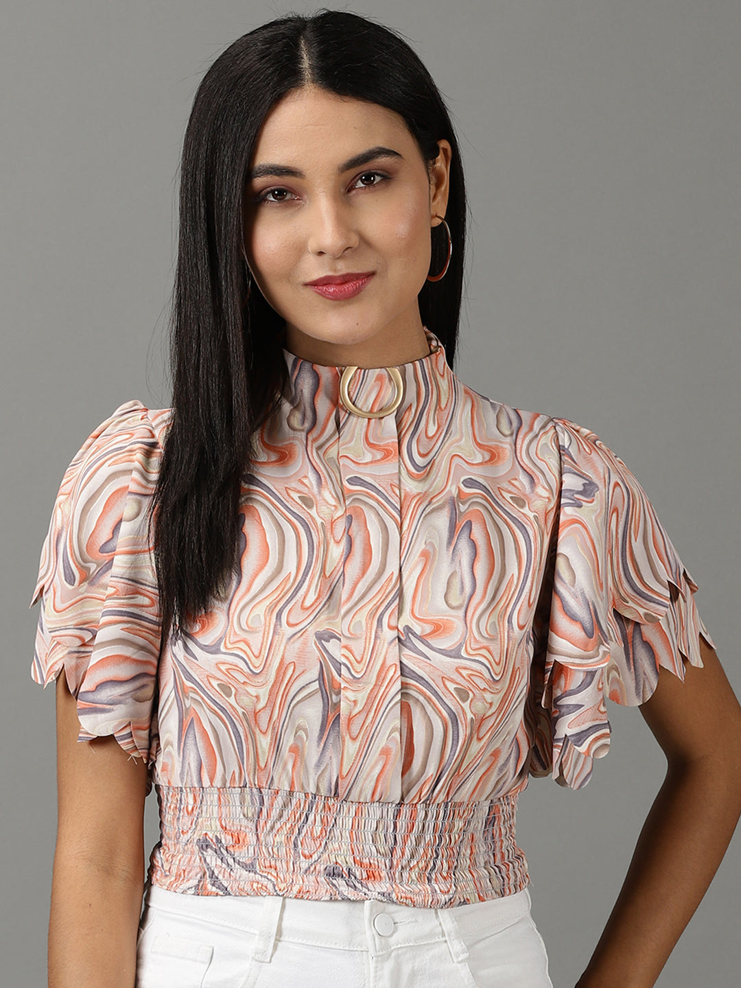 Women's Peach Printed Cinched Waist Crop Top