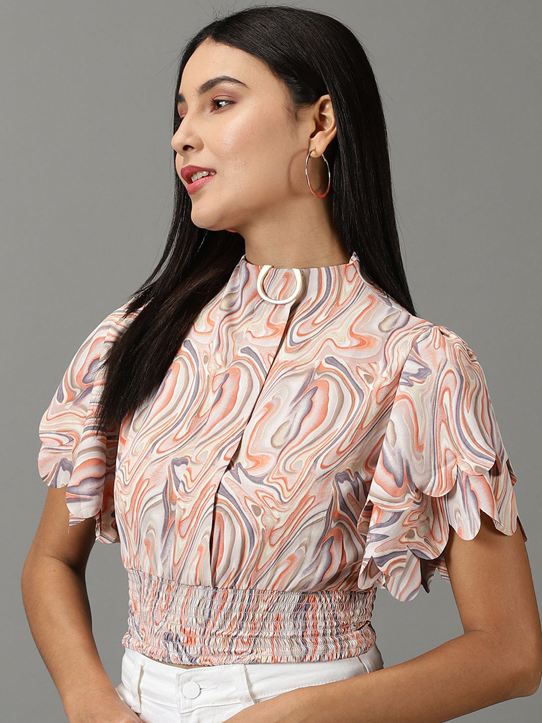 Women's Peach Printed Cinched Waist Crop Top