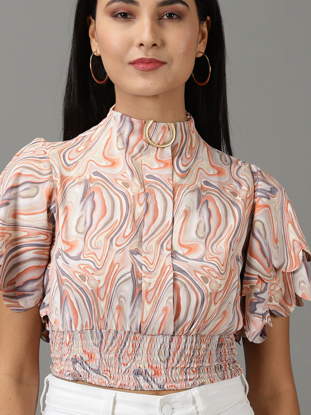 Women's Peach Printed Cinched Waist Crop Top