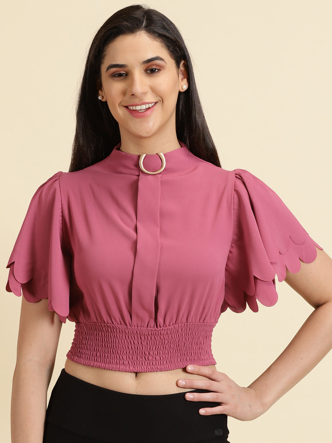 Women's Pink Solid Cinched Waist Crop Top