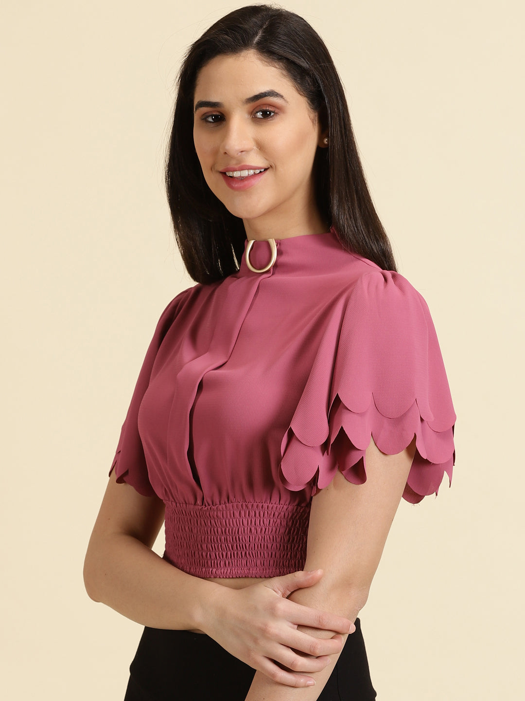 Women's Pink Solid Cinched Waist Crop Top