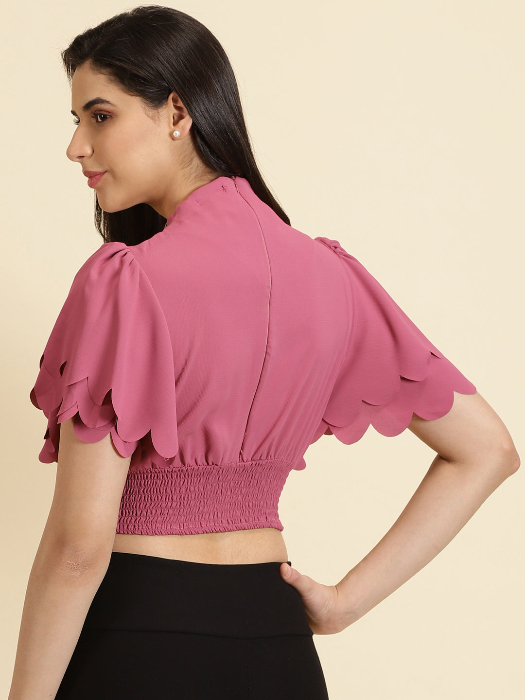 Women's Pink Solid Cinched Waist Crop Top