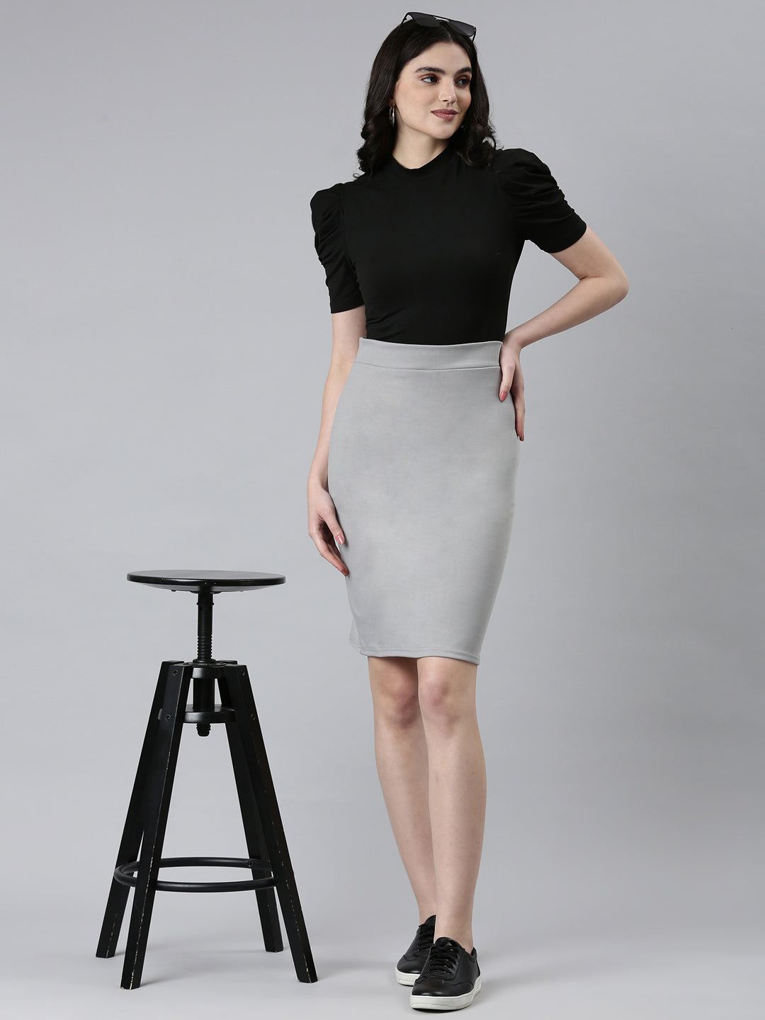 Women Grey Solid Pencil Skirt