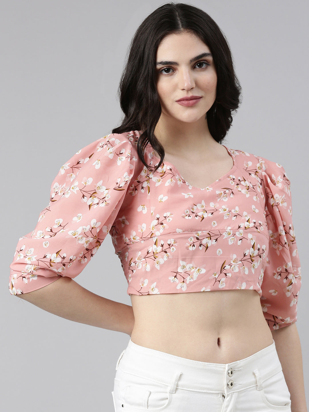 Women V-Neck Bishop Sleeves Floral Cinched Waist Peach Crop Top